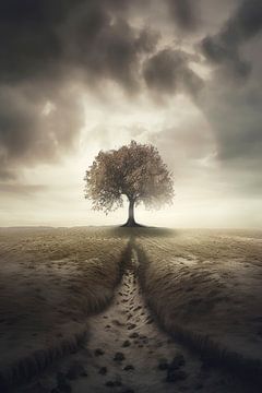 Eenzame boom in een surrealistisch landschap 10 van Digitale Schilderijen