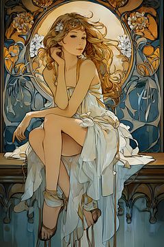 Alphonse Mucha style, seated woman