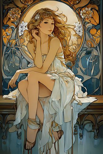 Alphonse Mucha style, seated woman