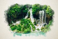 Waterverf van een waterval in een woud