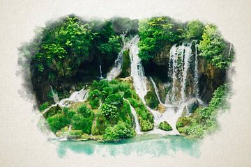 Aquarell eines Wasserfalls in einem Wald von Youri Mahieu
