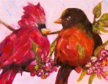 Vogels ( 5) Rode kaketoe en roodborstje in gesprek. van Ineke de Rijk
