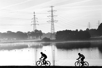 Mountainbikers in landschap