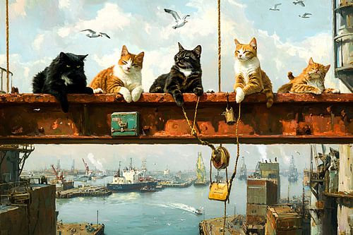 Katten genieten boven de haven