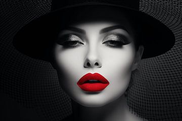Mystieke dame met rode lippen, zwart-wit foto van Animaflora PicsStock