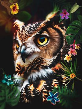 Owl in collage of flowers and tropical plants by John van den Heuvel