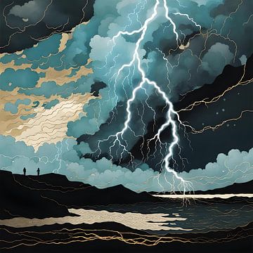 Stürmischer Himmel mit goldenem Blitzschlag von Anouk Maria van Deursen