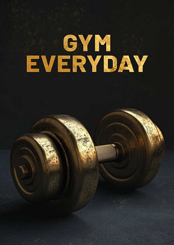 Gold dumbbell on dark background with gym everyday text