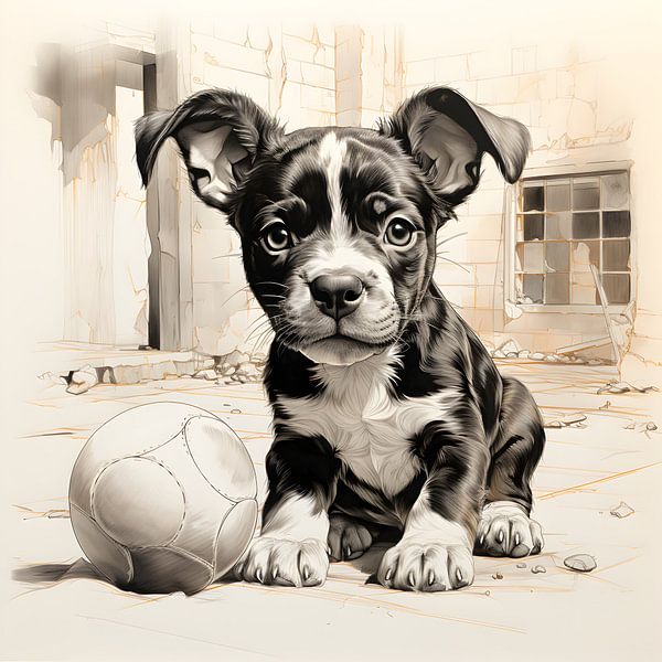 Kleiner Bulldoggenwelpe mit Ball von Heike Hultsch