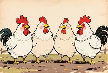 Porträtillustration von singenden Hähnen auf dem Lande