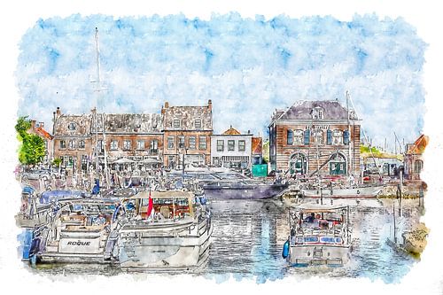 Kleurrijke haven van Willemstad (Brabant, Nederland) (aquarel)