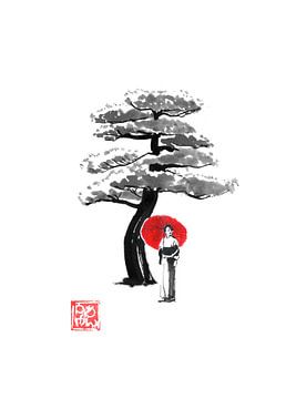 geisha onder een boom van Péchane Sumie