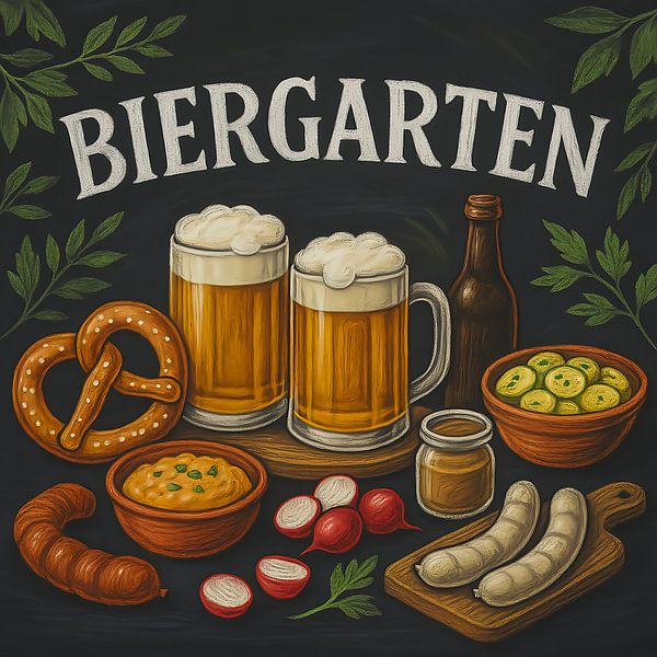 Biergarten Illustration mit Maßkrug, Brezel und Weißwurst von Basahen