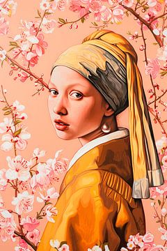 Girl with a pearl earring with pink blossom branches by Vlindertuin Art