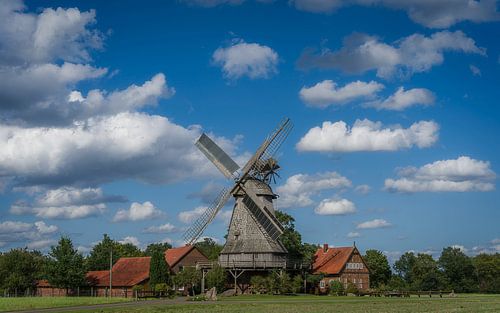 A historic old wooden windmill