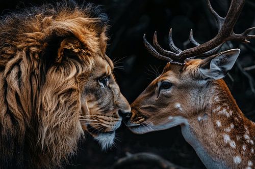 Leeuw en hert tegen donkere achtergrond