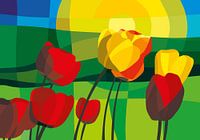 Tulipes, vertes prairies et un lever de soleil d'été