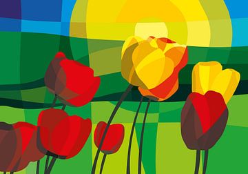 Tulipes, vertes prairies et un lever de soleil d'été sur Color Square