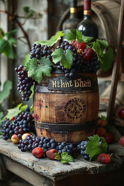 Nature morte avec raisins, fraises et tonneau en bois par Art & Soul Creations