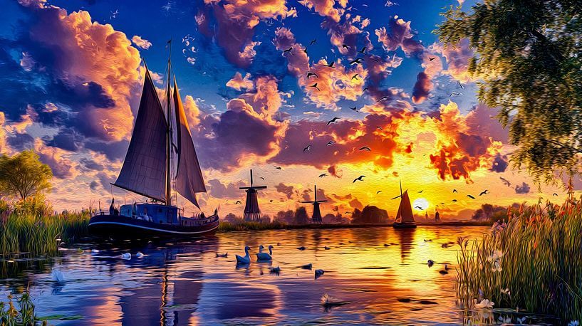 Ölgemälde Polderlandschaft mit Boot von Egon Zitter