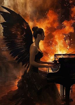 Vrouwelijke engel die piano speelt abstract vuur van MIROKKU
