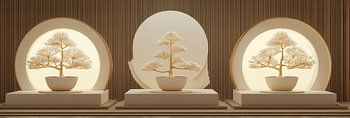 Three bonsai on round pedestals with light panorama