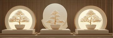 Drie bonsai’s op ronde sokkels met licht panorama van Digitale Schilderijen