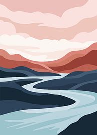 Minimalist landscape of a winding river through mountains under a soft pastel by Adam Khabibi