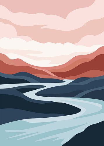 Een minimalistisch landschap met een kronkelende rivier door de bergen, gehuld in zachte pasteltinten