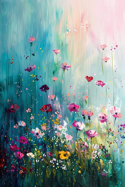 Colourful abstract flower field with butterflies by Art & Soul Creations