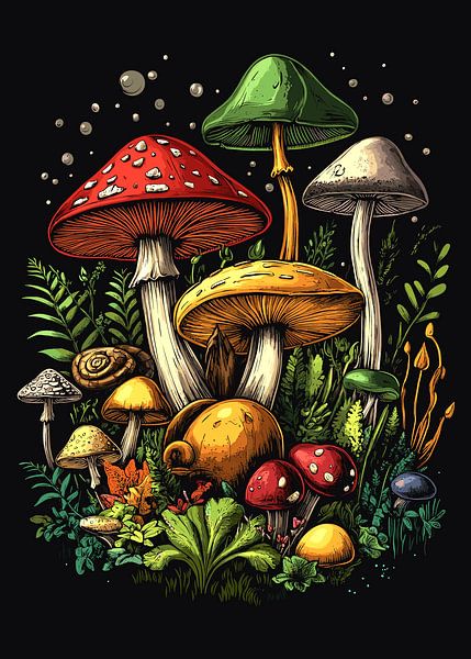 Kleurrijk paddenstoelenlandschap met verschillende wilde paddenstoelen van Pixelbull Design