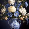 Boeket bloemen in delftsblauwe vaas van Diana Mets