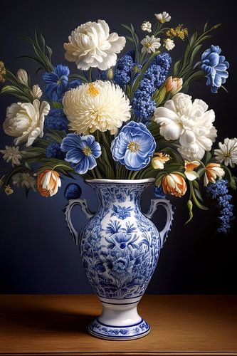 Bouquet of flowers in delft blue vase