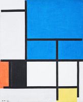 Mondrian -Komposition mit großer blauer Fläche, Rot, Schwarz, Gelb und Grau