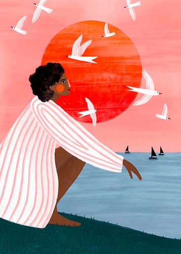 Serene Illustration of a Woman Looking at the Ocean at Sunset