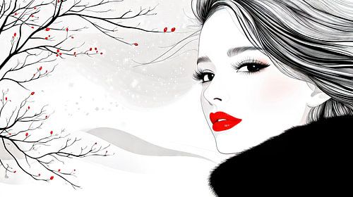 Elegante vrouw met rode lippenstift in de winterwind