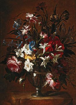 Anjers, rozen, lelies en andere bloemen in een vaas op een richel, Jean-Baptiste Monnoyer