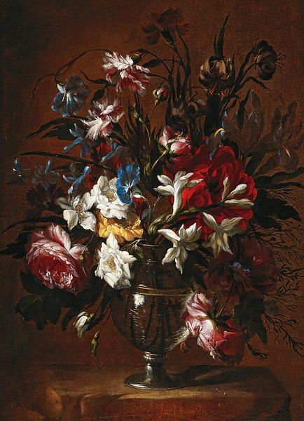 Anjers, rozen, lelies en andere bloemen in een vaas op een richel, Jean-Baptiste Monnoyer van Meesterlijcke Meesters