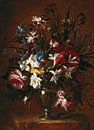 Anjers, rozen, lelies en andere bloemen in een vaas op een richel, Jean-Baptiste Monnoyer van Meesterlijcke Meesters thumbnail