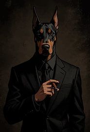 Un patron de fer, un doberman en costume noir avec un cigare - Décoration murale masculine « Dark Academia »