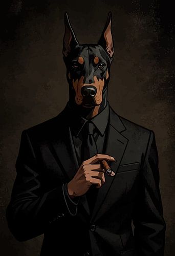 Stoere baas: Dobermann in zwart pak met sigaar – Dark Academia: stoere wanddecoratie