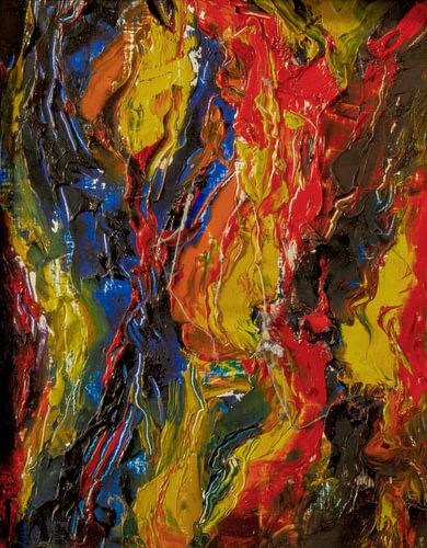 Abstract olieverf schilderij, Geel, Rood, blauw, Zwart, Oranje