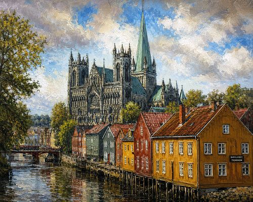 Schilderij van Bakklandet in Trondheim, Noorwegen.
