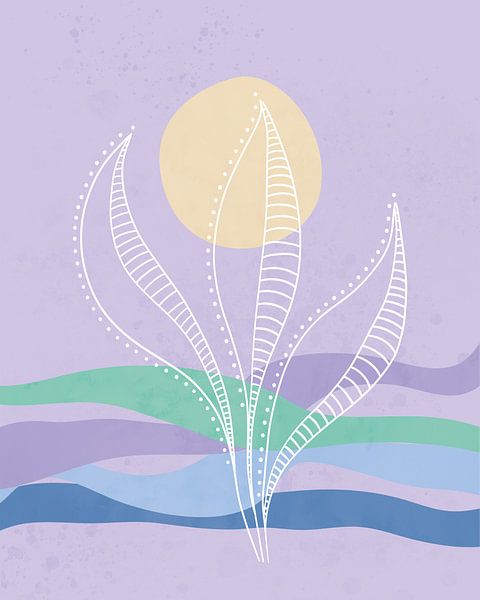 Blue waves with a sun and an abstract sea plant by Tanja Udelhofen