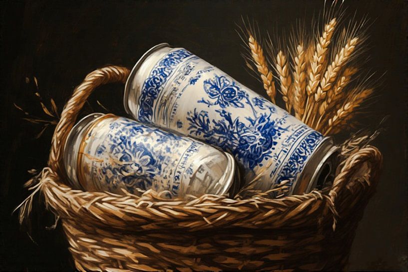 Un panier de blé en osier avec des canettes de bière bleues de Delft à l'intérieur. par J.a Dijkstra