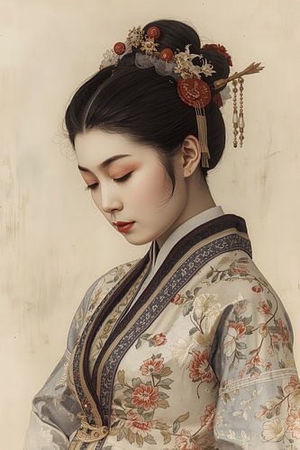 Originele Chinese vrouw in traditionele kleding en juwelen uit de 18de eeuw.