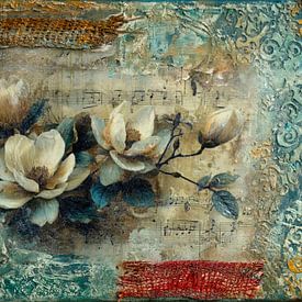 Mixed media oil painting, magnolias, shabby chic, vintage by Joriali photography and paintings