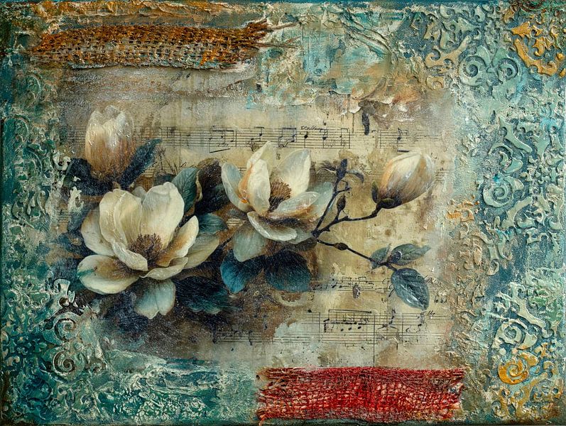 Mischtechnik Ölgemälde, Magnolien, shabby chic, vintage von Joriali Fotografie und Gemälde