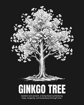 Minimalistisches Ginkgo-Baum-Poster im Strichzeichnungsstil – Schwarze Ausgabe