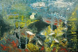 De ingestorte toren zinkt en de vissen schrikken van Kleurrijke diepgang en modern blauw